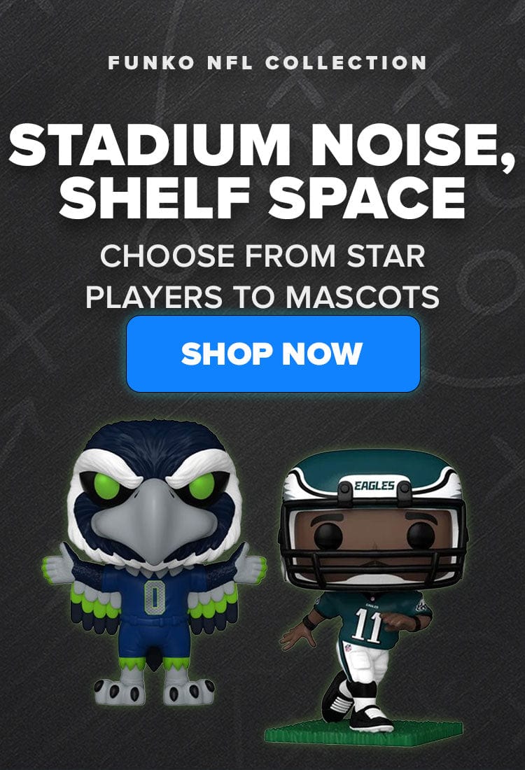 mOBILE Funko NFL Collection banner with Seahawks mascot and Eagles AJ Brown  Funko Pop figures on a chalkboard playbook background—shop NFL Pops. Tap To Shop